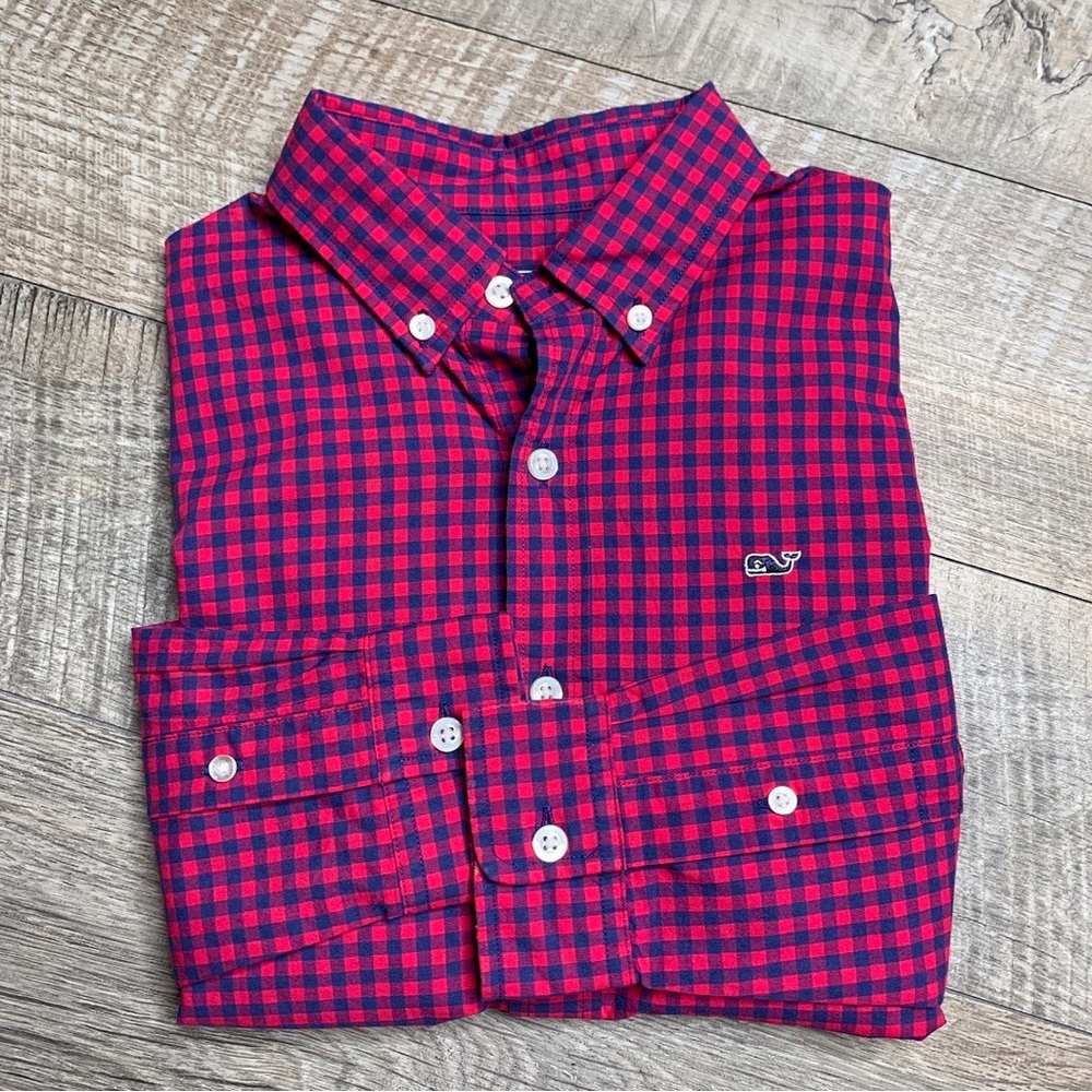 EUC Vineyard Vines Boys Bentley Gingham Whale Shirt ~ Size Medium(12/14)
